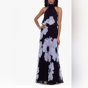 High neck floral print pleated dress